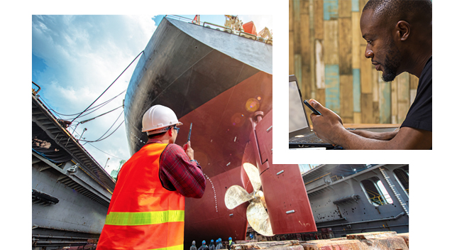 Maritime worker next to large vessel and man at computer