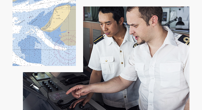 Vector chart and two men in white Navy uniform