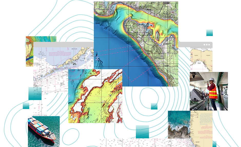 Nautical charts, boat on the ocean, and maritime worker