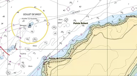 A nautical chart showing coastal waters, depth contours, navigation markers, and shoreline features