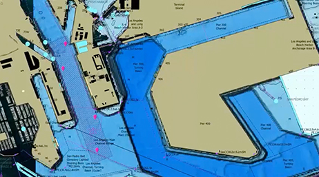 S-100 maritime chart data visualized in ArcGIS, showing harbor depths, piers, and navigation zones