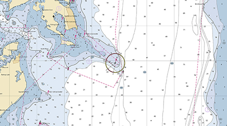 A nautical chart with areas shaded in white and light blue