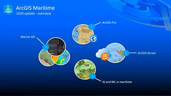 Digitale Grafik mit einem Blasendiagramm, das verschiedene Aktualisierungen von ArcGIS Maritime zeigt