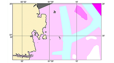 A marine chart displaying data layers for coastal waters, navigation zones, and shoreline features