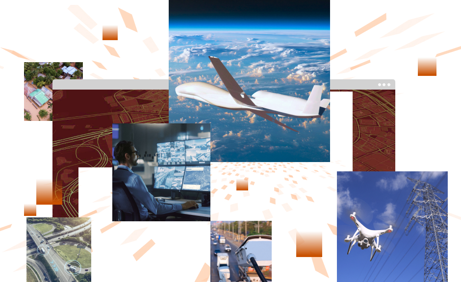 Collection of images including an airplane in the sky, a drone, an aerial image of a highway, and a man working at a desk 