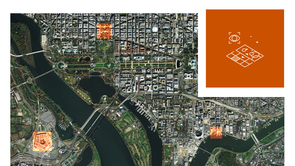 Vista panoramica di Washington DC in un video geospaziale che mostra gli edifici, le strade e le vie d'acqua con un'icona a forma di occhio e una mappa