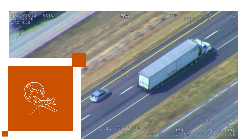 Geospatial video taken from aircraft of a car following semi-truck on a highway with an inset icon of an airplane and Earth