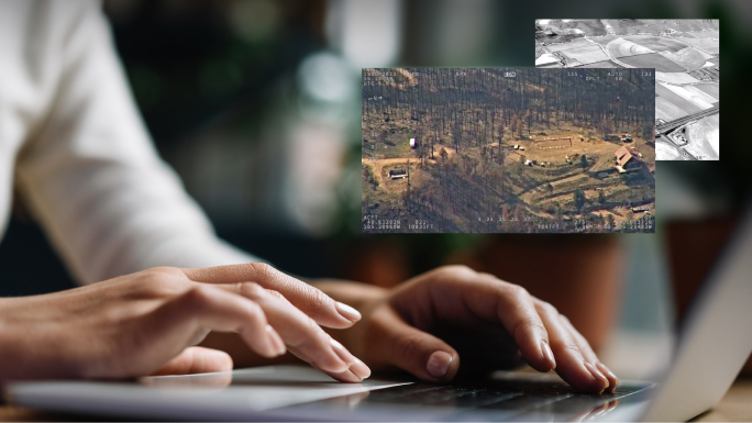 An analyst typing on a laptop with an inset image of a field and a black and white aerial photo
