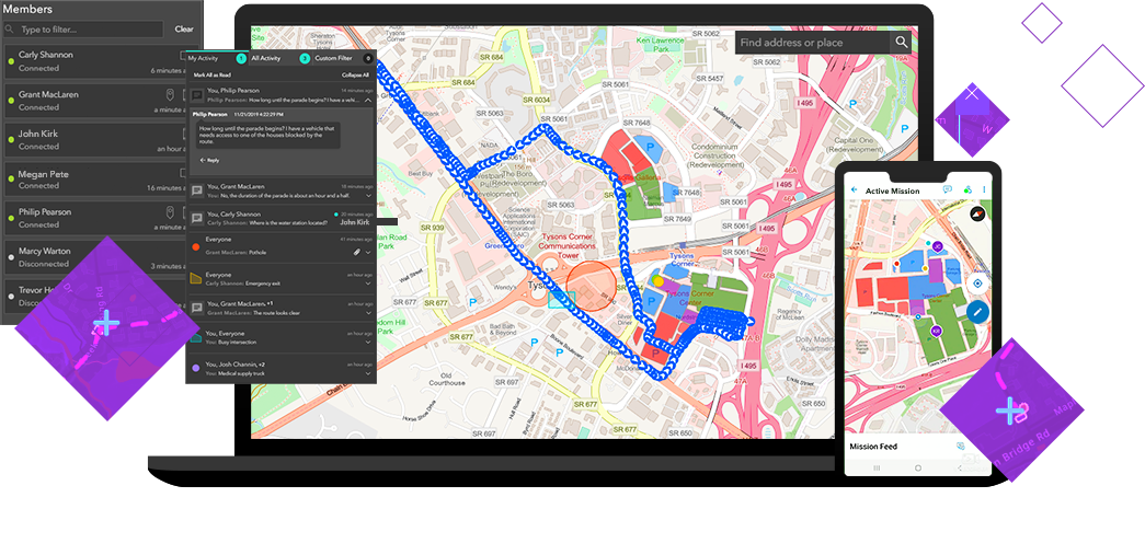 Screenshots of ArcGIS Mission being used on desktop and a mobile device. 