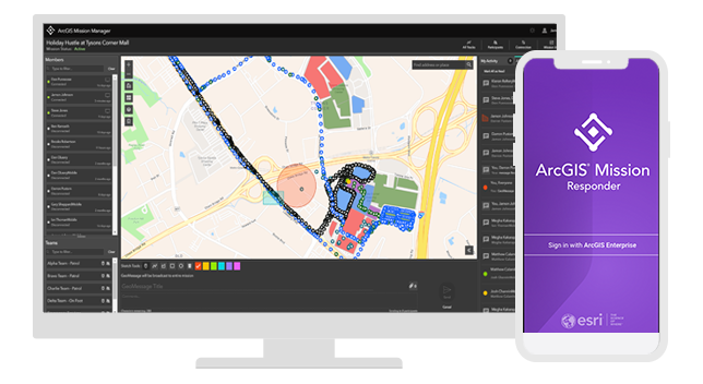 Un monitor di computer che visualizza una mappa stradale digitale accanto a un telefono cellulare che mostra le parole ArcGIS Mission Responder