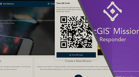 Several screenshots of ArcGIS Mission including a QR Code and an image showing the words create a new mission
