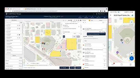 A digital street map open in the interface of ArcGIS Mission next to a closeup image of a city map