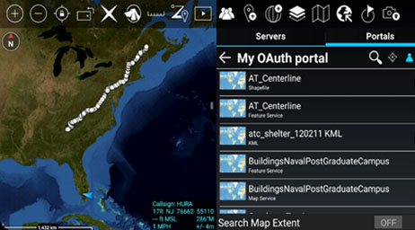 Carte 2D des États-Unis avec la terre en vert et l’eau en bleu dans l’interface du portail ATAK avec du texte et des symboles