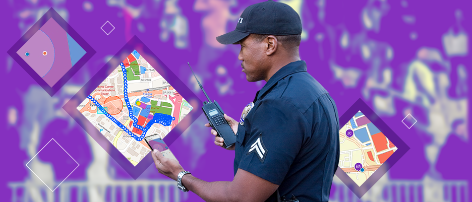 Police officer in a blue uniform holding a walkie-talkie and using a map app on a cell phone with an inset digital map image