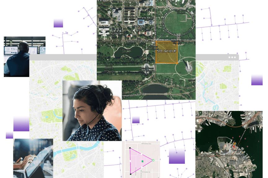 Collage of drone imagery of green land and buildings, 2D digital map of a city, and people working on computers and tablets
