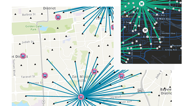 Dois mapas de ruas com ícones circulares de um carrinho de compras, pontos de dados e linhas starburst disparando em várias direções