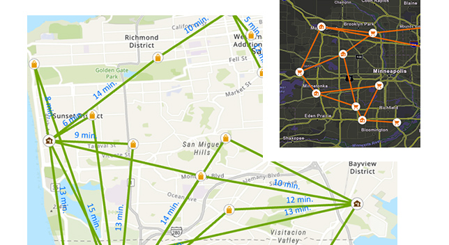 Street map of a region in San Francisco with routes highlighted in green and scattered circular icons of a shopping bag