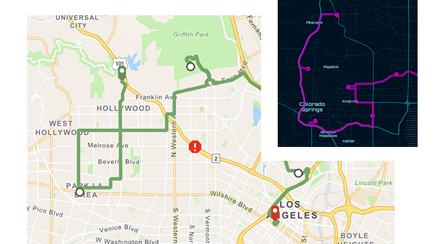 Mappa stradale di Hollywood e di Los Angeles accanto ad una mappa scura con i percorsi evidenziati in rosa shocking 