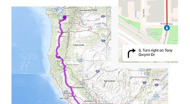 Mapa Wybrzeża Północno-Zachodniego USA obok zbliżenia mapy i wskazówek GPS