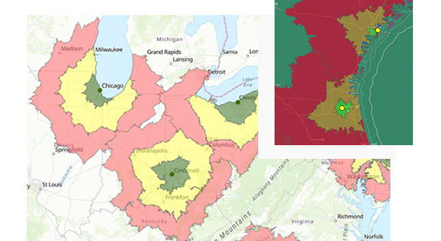 Karte des Mittelwestens der USA mit Gebieten, die in Gelb, Grün und Pink hervorgehoben sind, und verschiedenen Städtenamen