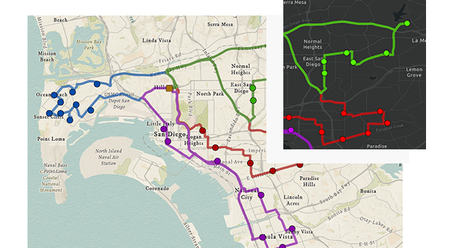 Carte de San Diego avec des itinéraires mis en évidence en vert, en violet et en bleu à côté d’un gros plan sur l’Est de San Diego