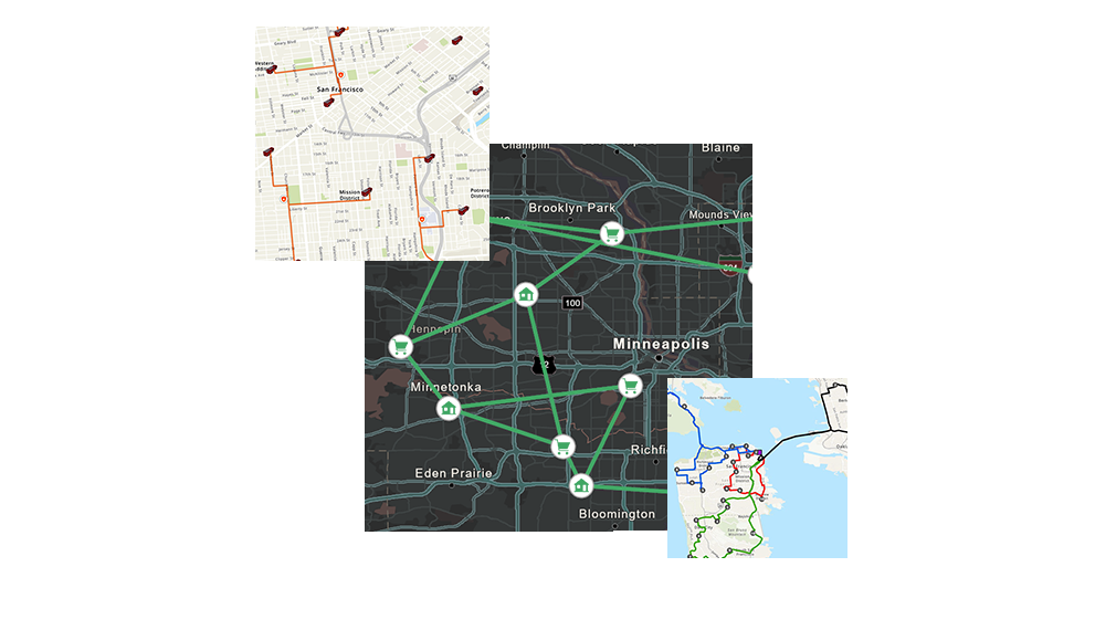 A black street map of Minneapolis with circular house and shopping cart icons next to two street maps with street names
