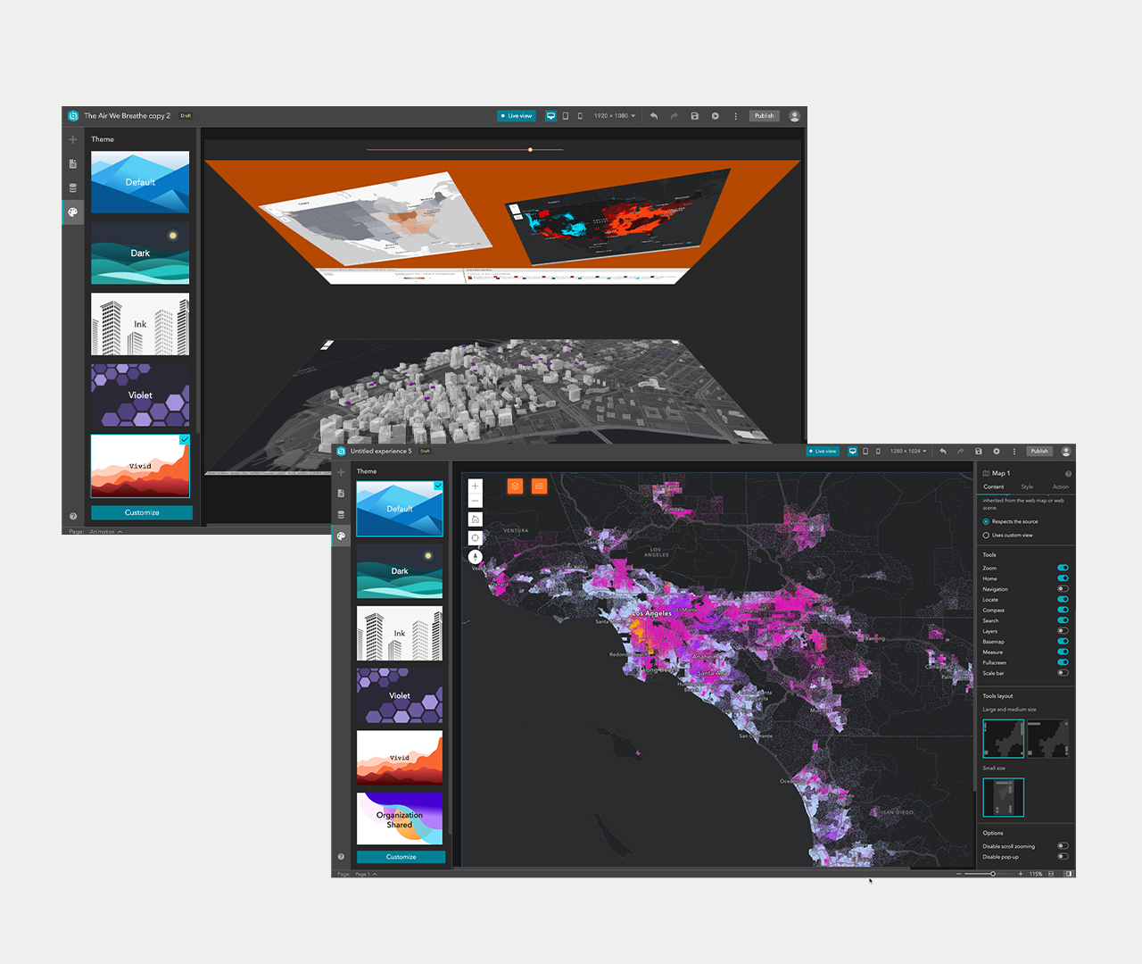 Hình ảnh của Trình tạo bản đồ web và Trình tạo trải nghiệm trên hai màn hình thiết bị