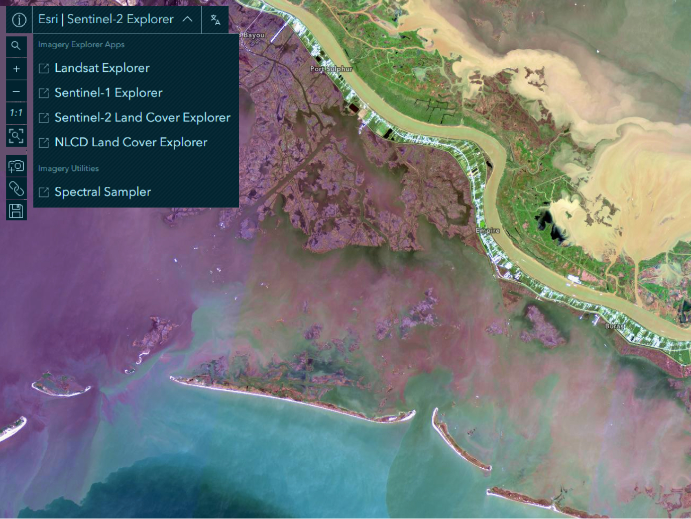 Satellite imagery with layered environmental data and interface tools, showing access to maps, imagery, and geospatial resources