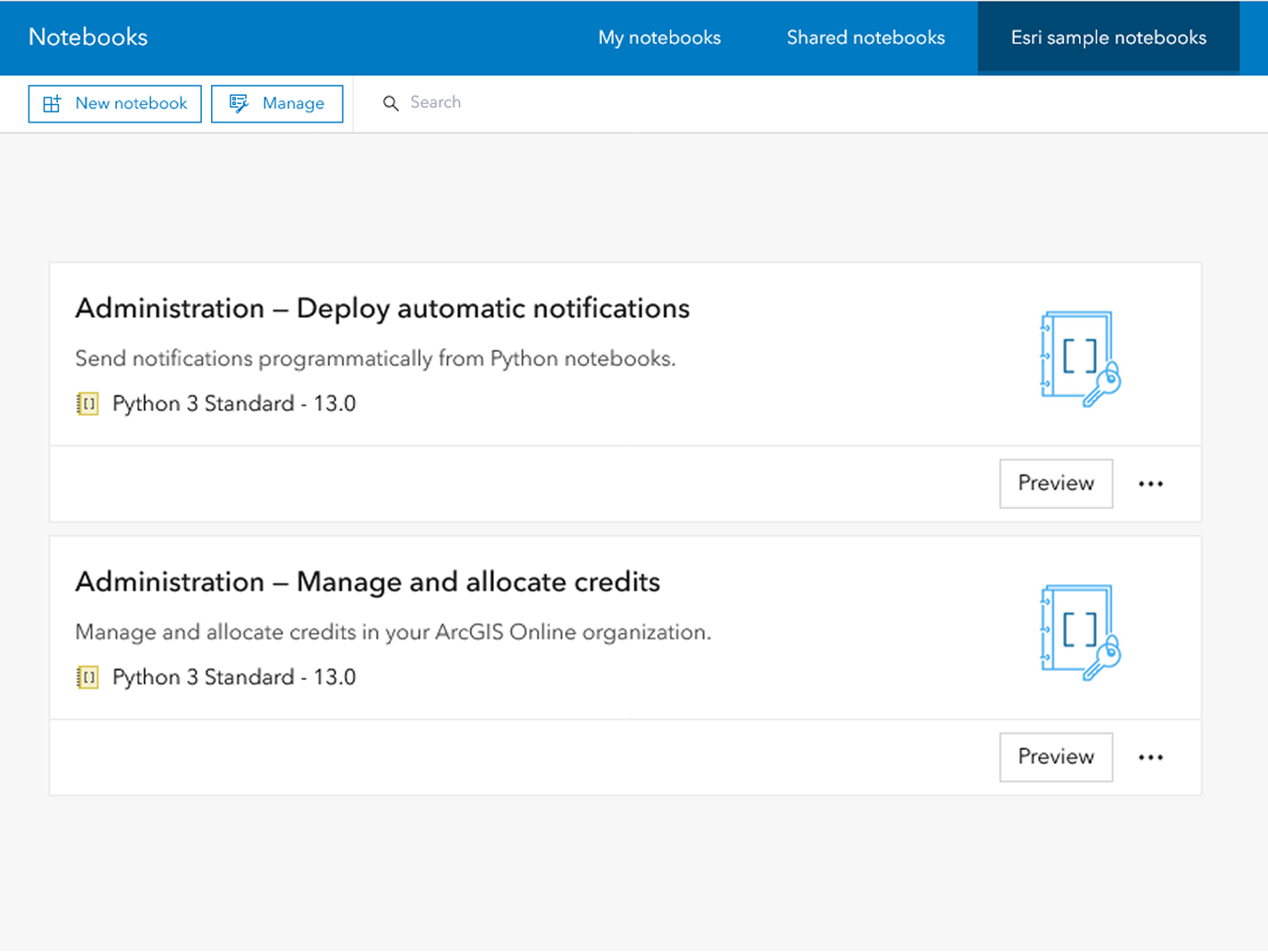 ArcGIS Notebooks interface showing scripts for administrative tasks