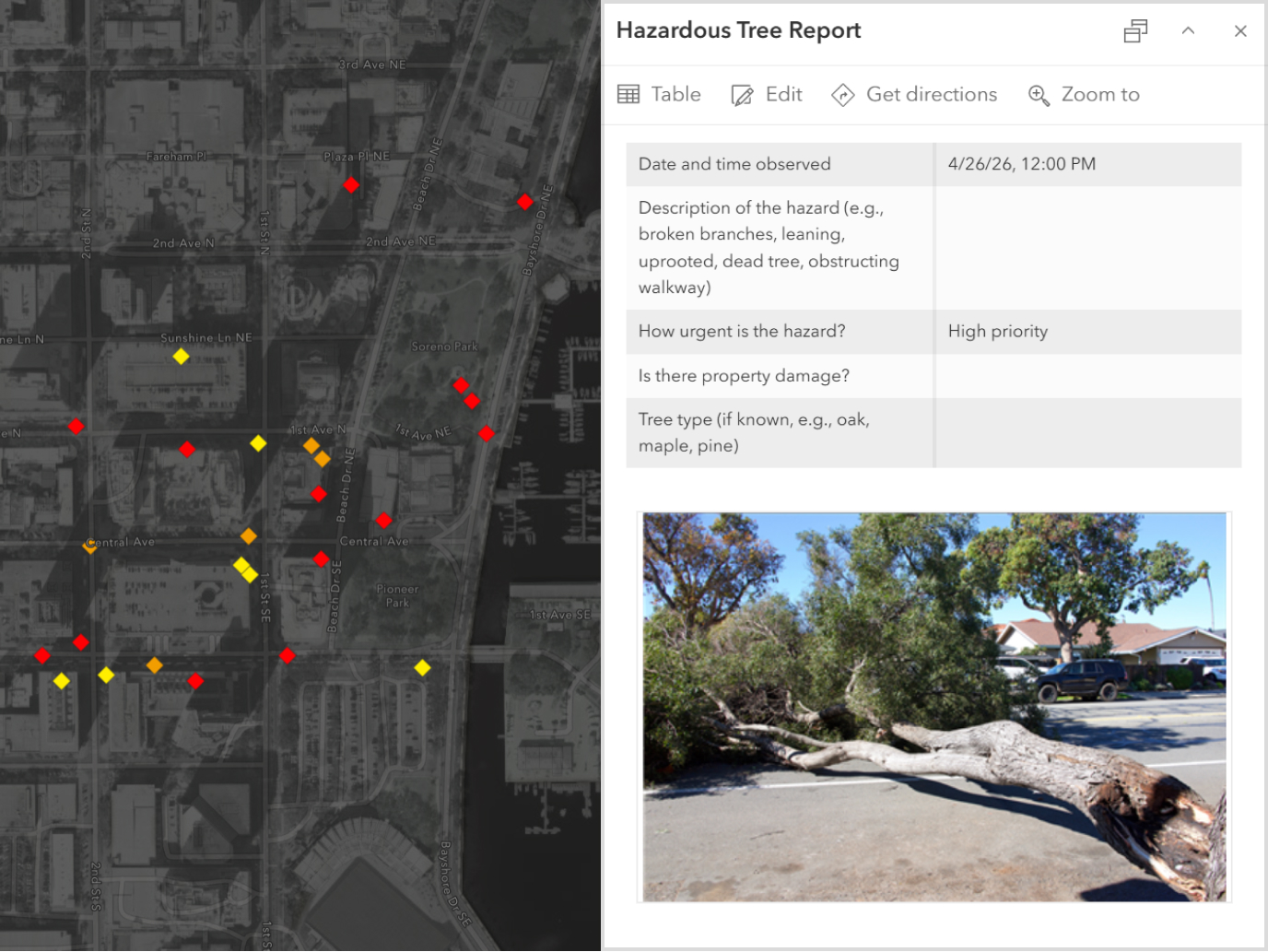 Map with highlighted field observations and a report panel showing an image of a fallen tree, representing data collection with offline sync and real-time updates