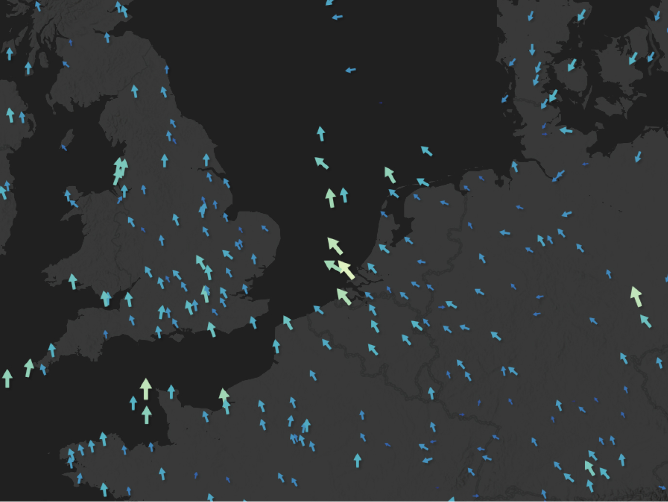 Dark map with streaming arrow symbols across oceans, illustrating real-time data from connected IoT devices and sensors