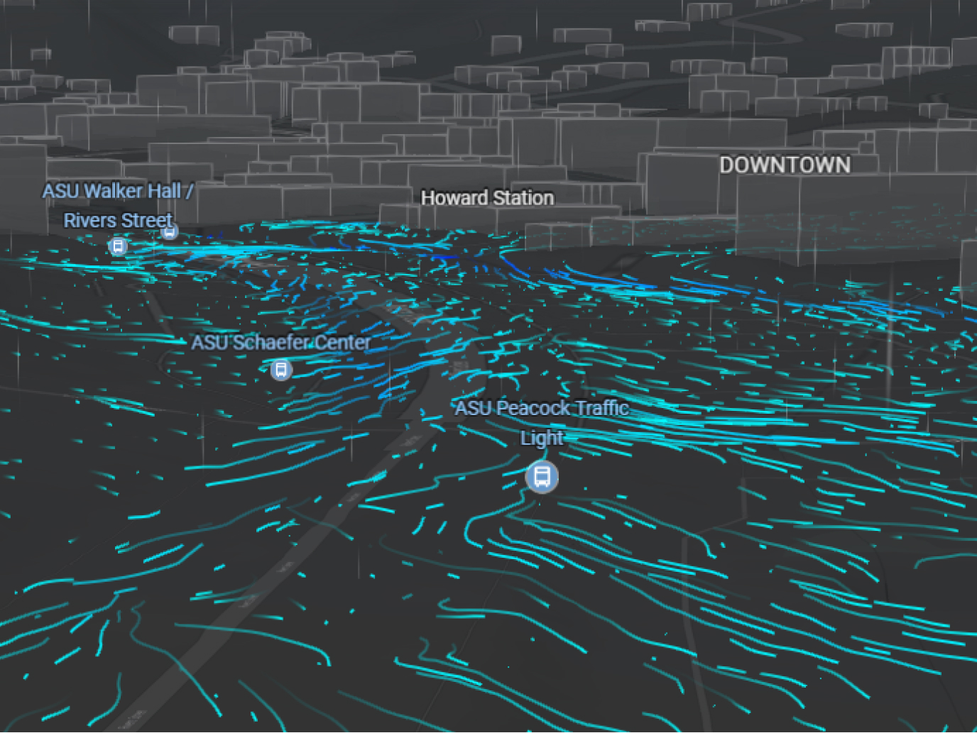 3D city scene with flowing data lines across streets, illustrating scenario modeling and predictive spatial analysis