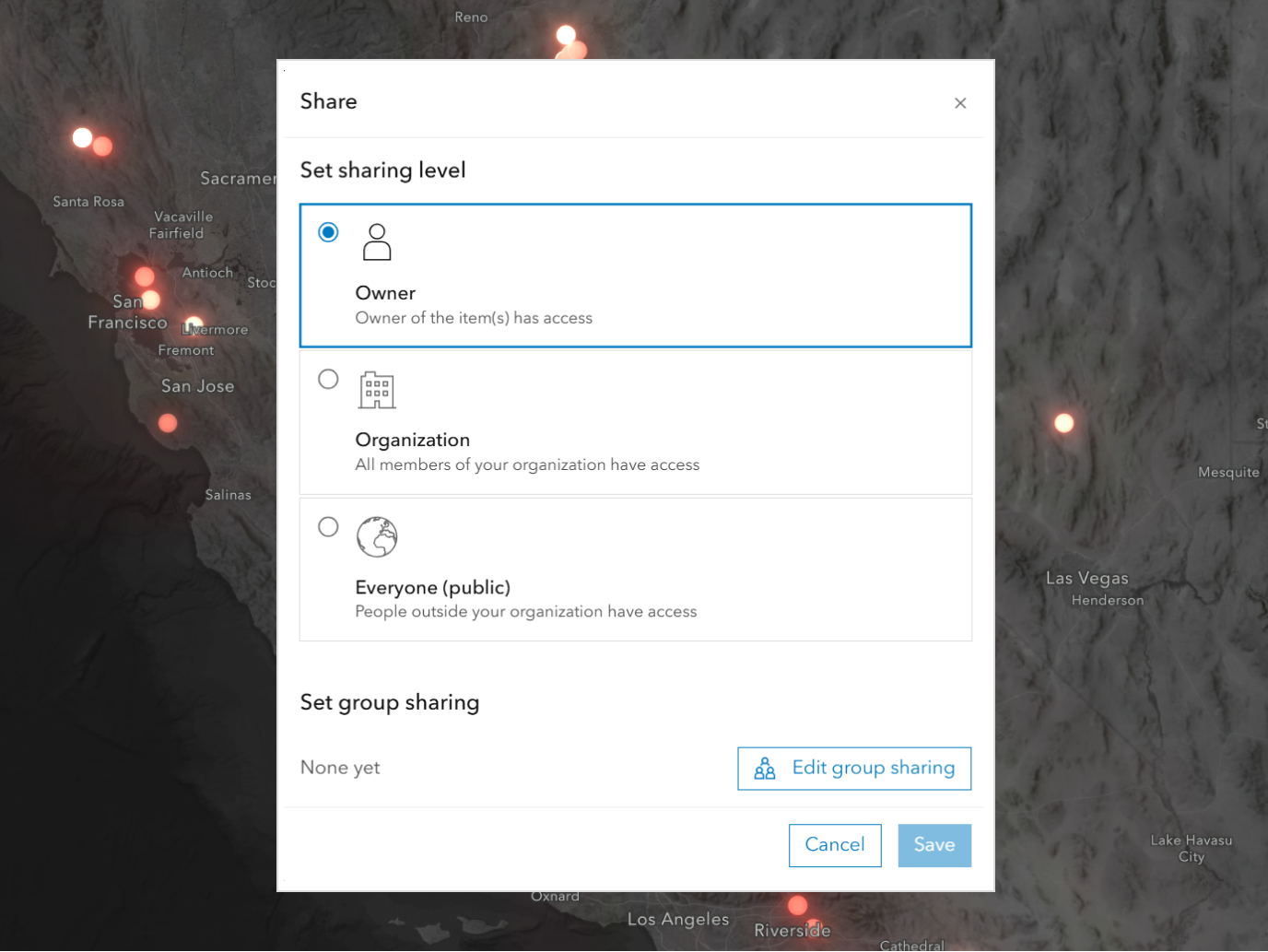 ArcGIS sharing settings panel over a map with incident points, showing controls for access levels, permissions, and secure data sharing.