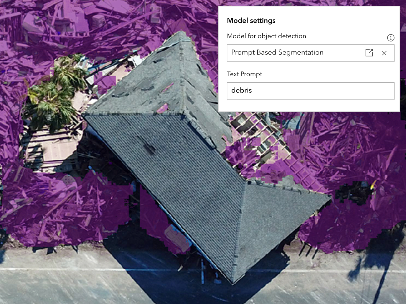 Aerial image of a damaged structure with highlighted classified areas, showing training and application of custom machine learning models