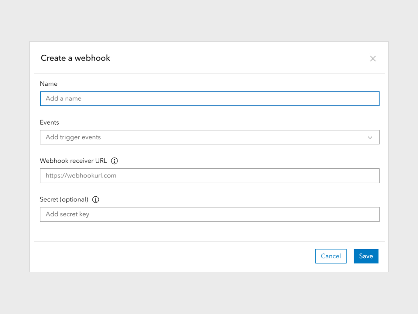 Configuration panel for creating a webhook