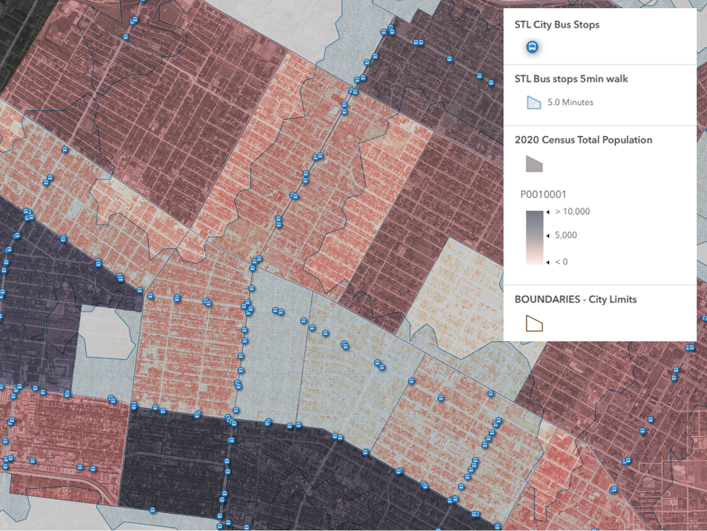 Choropleth map with colored census tracts and point markers, showing how geographic features relate across a city