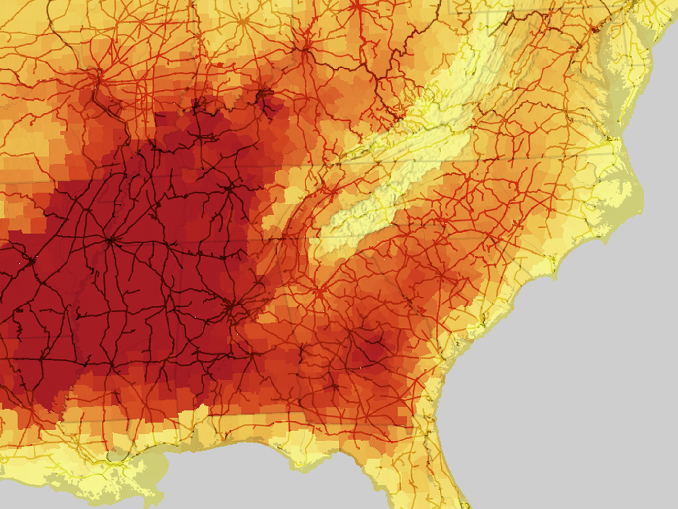 Heat map of the US with red and yellow density gradients, highlighting spatial patterns and data concentrations across regions
