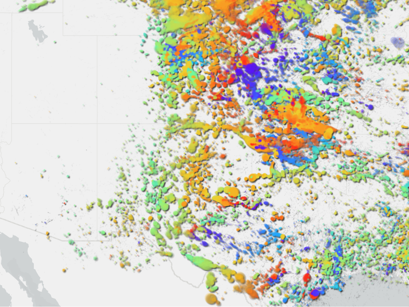 Multicolored point map visualizing dense spatial patterns and clusters, representing analysis of large, complex geographic datasets