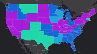 A dark map of the United States with states colored in bright green, purple, light blue, and dark blue