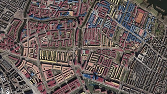 A satellite image with areas marked in different colors