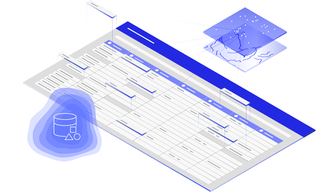 A blue and white design of a spreadsheet with icons of maps and shapes connecting to it