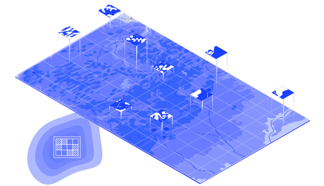 Một thiết kế hình chữ nhật màu xanh lam của một bản đồ có lưới với các phần của lưới được nâng lên trên bản đồ