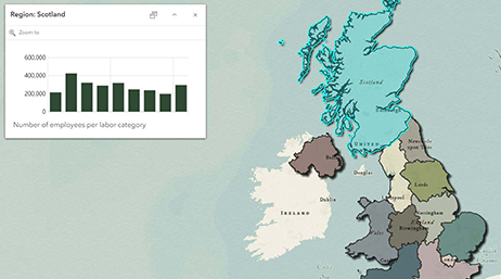 A colorful map of the UK overlaid with a bar chart