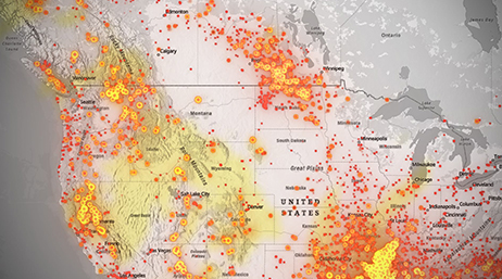 A concentration map tracking wildfires across the USA in red and yellow point clusters on a pale pink background