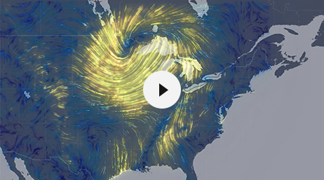 Mapa de Estados Unidos en azul y violeta con un patrón amarillo en espiral superpuesto