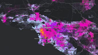 A black dot map of the northwest part of Southern California with sections highlighted in white, yellow, pink, and purple