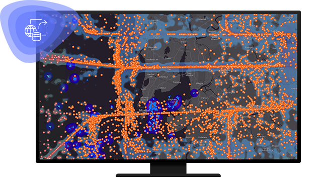 Graue Straßenkarte mit verstreuten blauen und orangefarbenen Datenpunkten