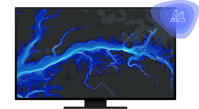 Computer monitor showing a blue and white satellite image 
