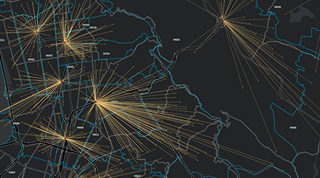 Schwarzes digitales Bild einer Landmasse mit gelben auf der Karte verstreuten Strahlenkranz-Linien