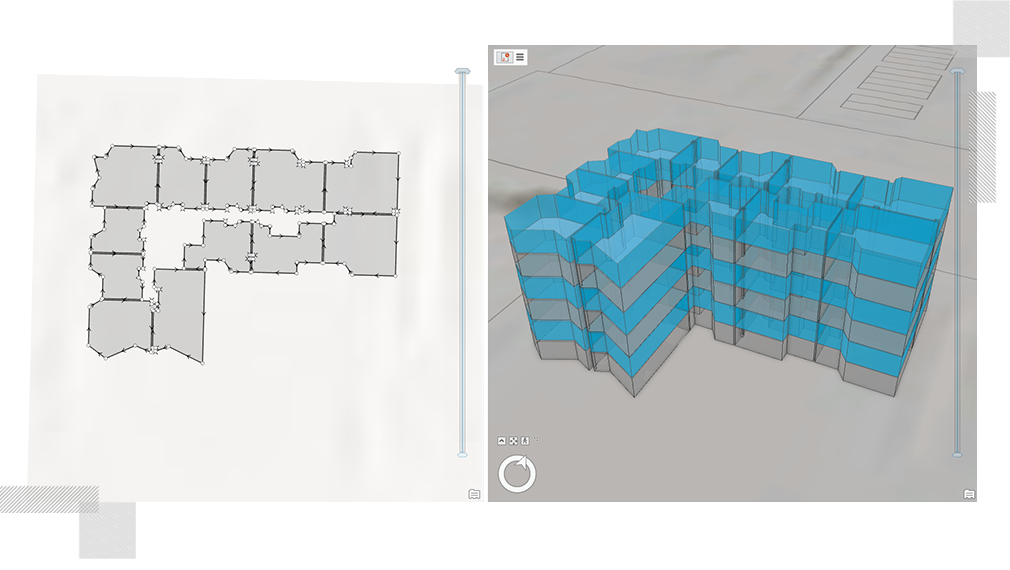 A digital 3D model of a multistory building with a floorplan map next to it